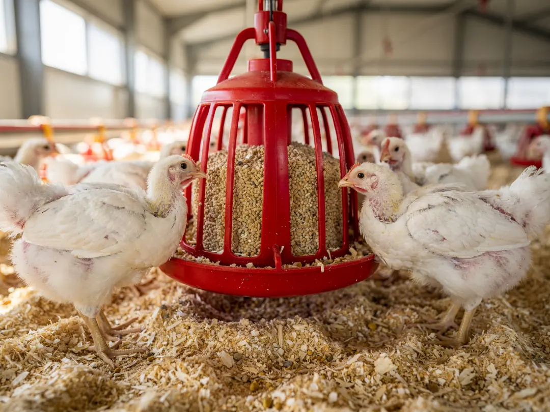 Poulets de chair mangeant à la mangeoire