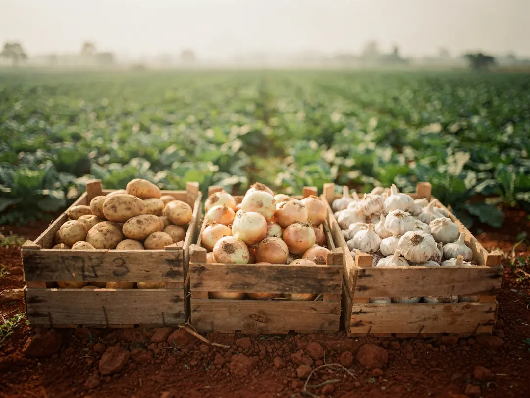 Pommes de terre, oignons et ail fraîchement récoltés